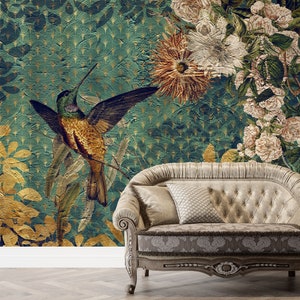 Vintage Mural with a Bird. Floral mural Self adhesive Wall mural. Pell and Stick or VINYL wallpaper hummingbird wall print.