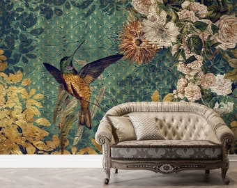 Vintage Mural with a Bird. Floral mural Self adhesive Wall mural. Pell and Stick or VINYL wallpaper hummingbird wall print.