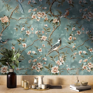 Chinoiserie Wallpaper.  Peel & Stick, Light blue Wall Decor with flowers and birds. Botanical, floral Wallpaper. Vinyl, custom mural.