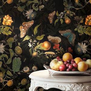 Dark Botanical Wallpaper, Tropical wall art. Peel and stick or VINYL wall decor. Dark floral.