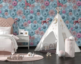 Nursery wallpaper with horses and flowers. Sweet wallpaper for girl. Turquoise, pink wall decor. Kids room, Self adhesive VINYL wall mural.