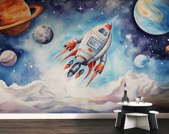 Peel and Stick nursery wallpaper with cosmos, planets and spaceship. Wallpaper for a boy, kid walldecor. Regular or removable mural.