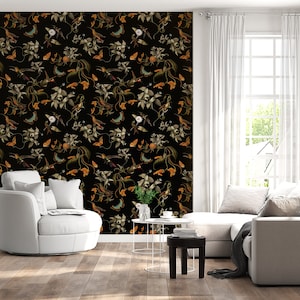 Dark Botanic Wallpaper With Hummingbirds, Butterflies and Tropical ...