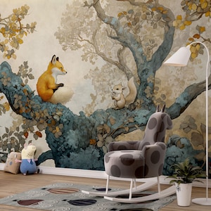 Carta da parati con foresta magica. Animali carini, volpe, scoiattolo. Arte murale in vinile Peel & Stick o normale. Decorazione murale per la cameretta dei bambini.