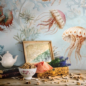 Underwater wallpaper, exotic fish, jellyfish, plants. Bright botanical wallpaper. Peel and stick or regular vinyl wall decor. Removable.