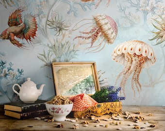 Underwater wallpaper, exotic fish, jellyfish, plants. Bright botanical wallpaper. Peel and stick or regular vinyl wall decor. Removable.