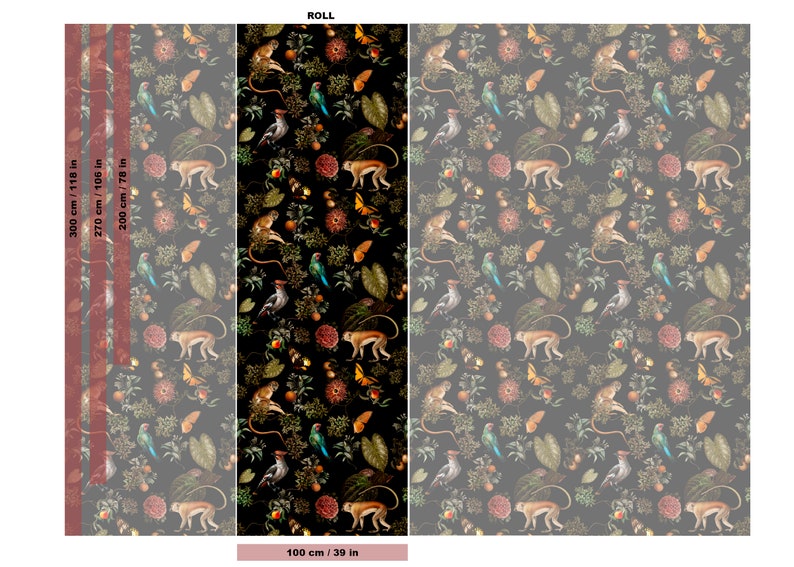 Dark Botanical Wallpaper With Monkeys Birds and Butterflies. Etsy