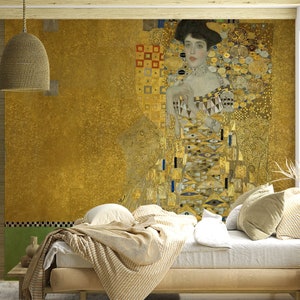 Carta da parati Art Déco, murale di Klimt. Lussuosa carta da parati massimalista per una parete d'accento. Decorazione murale color oro, staccabile e attaccabile o con texture in vinile.