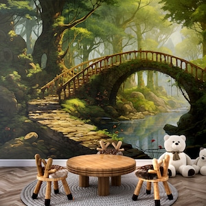 Carta da parati/murales foresta magica, decorazione murale per cameretta dei bambini. Carta da parati per bambini Moody. Carta da parati in vinile staccabile e attaccabile o normale. Arte murale per cameretta dei bambini.