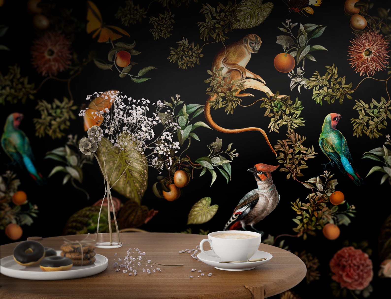 Dark Botanical Wallpaper With Monkeys , Birds and Butterflies. Tropical