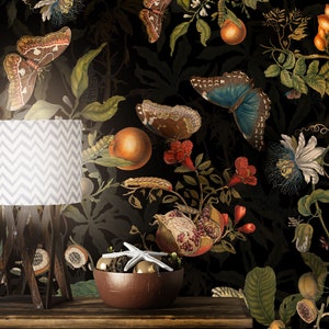 Vintage Botanical Wallpaper, wall decoration  with Butterflies, and Tropical flowers. Peel and stick or VINYL wall art. Dark floral.
