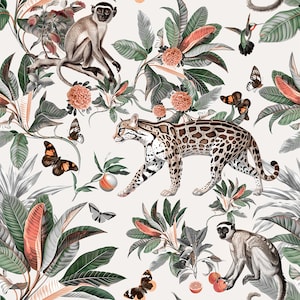 Papel pintado tropical vintage, diseño ligero despegable y pegable con guepardos, monos y palmeras. Papel pintado de vinilo, tamaño personalizado.