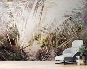 BOHO WALLPAPER with Palm Leaves. Tropical mural, vinyl Wall decor. Self adhesive, Concrete textured Art Deco print.