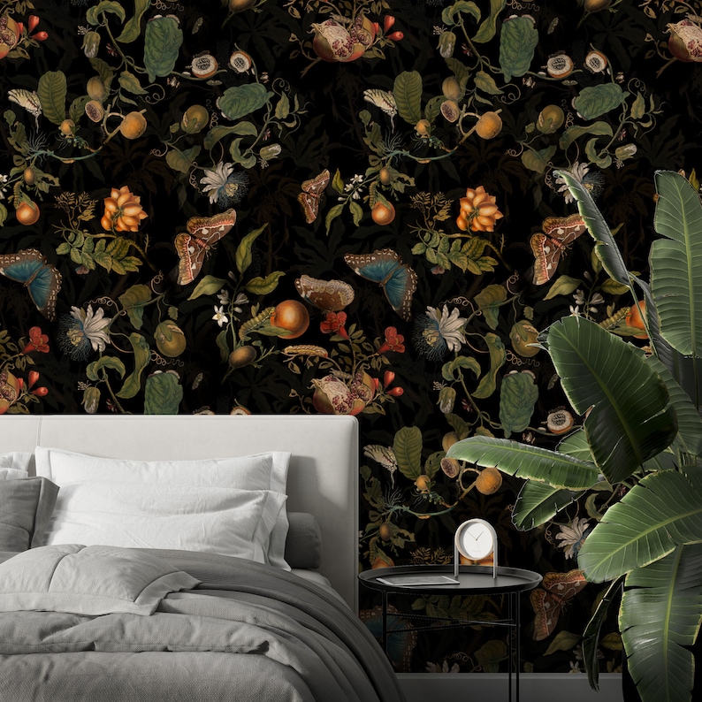 Vintage Botanical Wallpaper with Butterflies, fruits and Tropical flowers. Self-adhesive or VINYL wall mural. Dark floral wall print. image 2