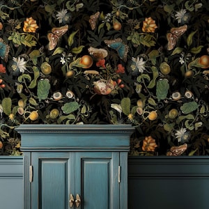 Vintage Botanical Wallpaper, wall decoration  with Butterflies, and Tropical flowers. Peel and stick or VINYL wall art. Dark floral.