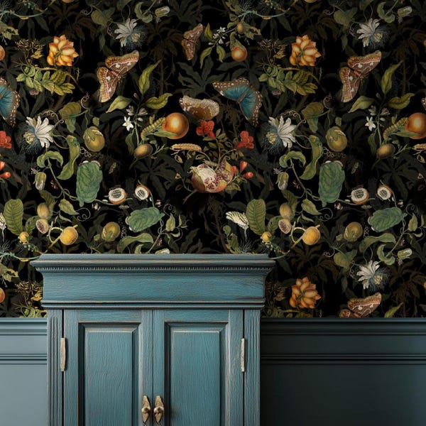 Vintage Botanical Wallpaper, wall decoration  with Butterflies, and Tropical flowers. Peel and stick or VINYL wall art. Dark floral.