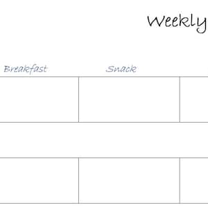 May include: A white weekly meal planner with the title "Weekly Meal Plan" in a handwritten font. The planner has sections for each day of the week, with spaces for breakfast, snack, and lunch. The days of the week are labeled with the first letter of the day.