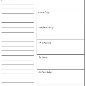 May include: A blank weekly meal planner with the words "weekly meal planner" at the top. The planner has a section for groceries and a section for each day of the week, Monday through Sunday.