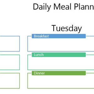 May include: A white daily meal planner with the title "Daily Meal Planner" at the top. The planner is divided into sections for Monday, Tuesday, and Wednesday. Each day has sections for Breakfast, Lunch, and Dinner.