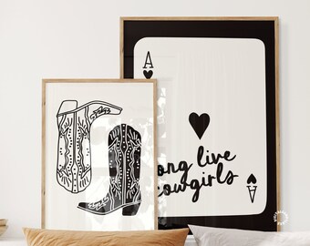 Black White Prints Cowgirl Western Wall Art Prints Set Of 2 Digital Prints Trendy Wall Art Cowgirl Boots Bedroom Prints Girly Retro Posters