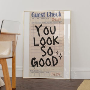 Guest Check Matte Fine Art Print Trendy Wall Art Prints Guest Check Poster You Look So Good Preppy Girly Art Bar Cart Retro Print | Unframed