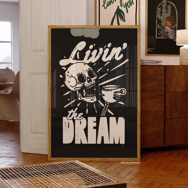 Retro Prints Black And White Wall Art Aesthetic Posters Livin The Dream Wall Decor Kitchen Print (Unframed) Skeleton Wall Art Coffee Bar