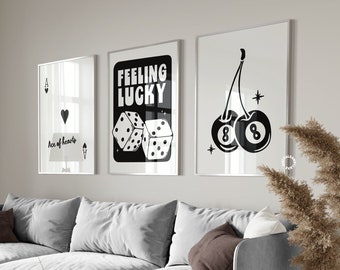 Stampa artistica da parete in bianco e nero Set di 3 stampe digitali Arte da parete alla moda Feeling Lucky Ace Stampe e poster Decorazione da parete retrò Lucky You