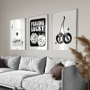 Zwart-wit Wall Art Print Set van 3 digitale prints Trendy Wall Art Feeling Lucky Ace Card Prints en posters Retro Lucky You Wall Decor