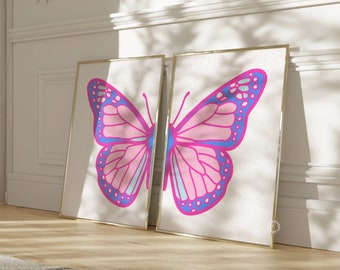 Trendy Wall Art Print Set Of 2 Digital Prints Trendy Wall Art Prints Butterfly Art Girly Preppy Dorm Decor Pink Blue Aesthetic Wall Prints