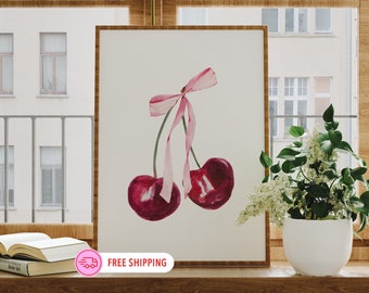 Shipped Wall Art Feminine Poster Prints Cherry Wall Print Pink Bow Posters (Unframed) Soft Girl Bedroom Decor Trendy Wall Prints And Posters