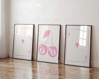 Trendig väggkonsttryck set med 3 digitala tryck rosa väggkonst flickigt preppy retrotryck trendig utskrivbar konst estetisk trendig heminredning studentrum