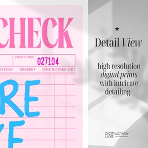 May include: A pink and white check list with the words "CHECK" and "RE" in blue. The check list has a check number field with the number "027104" and columns labeled "EXTRAS", "DESSERT", and "DINE IN/TAKE OUT".