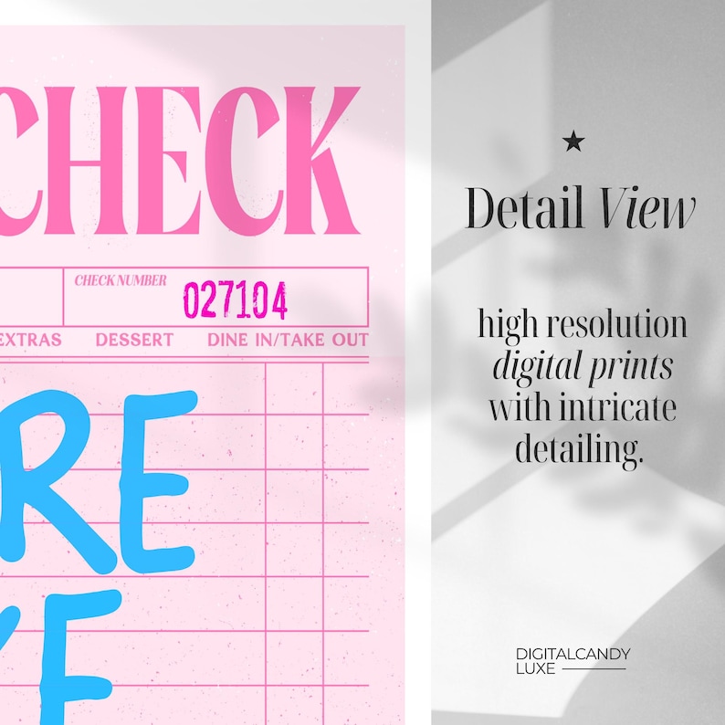 May include: A pink and white check list with the words "CHECK" and "RE" in blue. The check list has a check number field with the number "027104" and columns labeled "EXTRAS", "DESSERT", and "DINE IN/TAKE OUT".