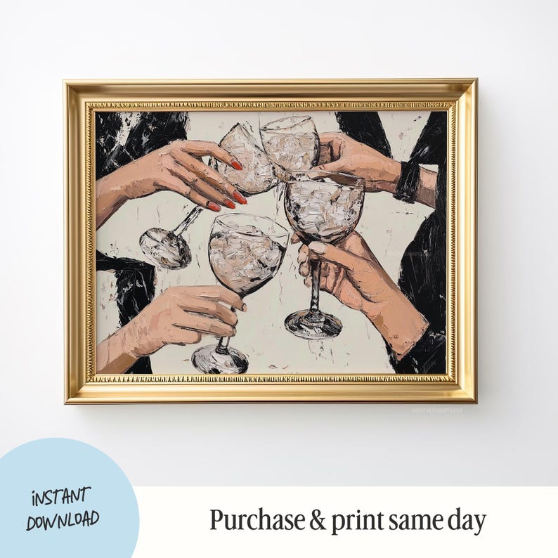 May include: A painting of four people raising their glasses in a toast. The painting is done in a loose, expressive style with bold colors and brushstrokes. The people are all dressed in black and white, and the glasses are filled with a clear liquid. The background is a light cream color.