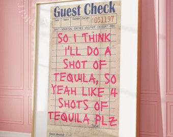 Tequila Guest Check Print Trendy Wall Art Guest Check Poster Tequila Print Trendy Printable Art Bar Cart Print Retro Decor Preppy Print