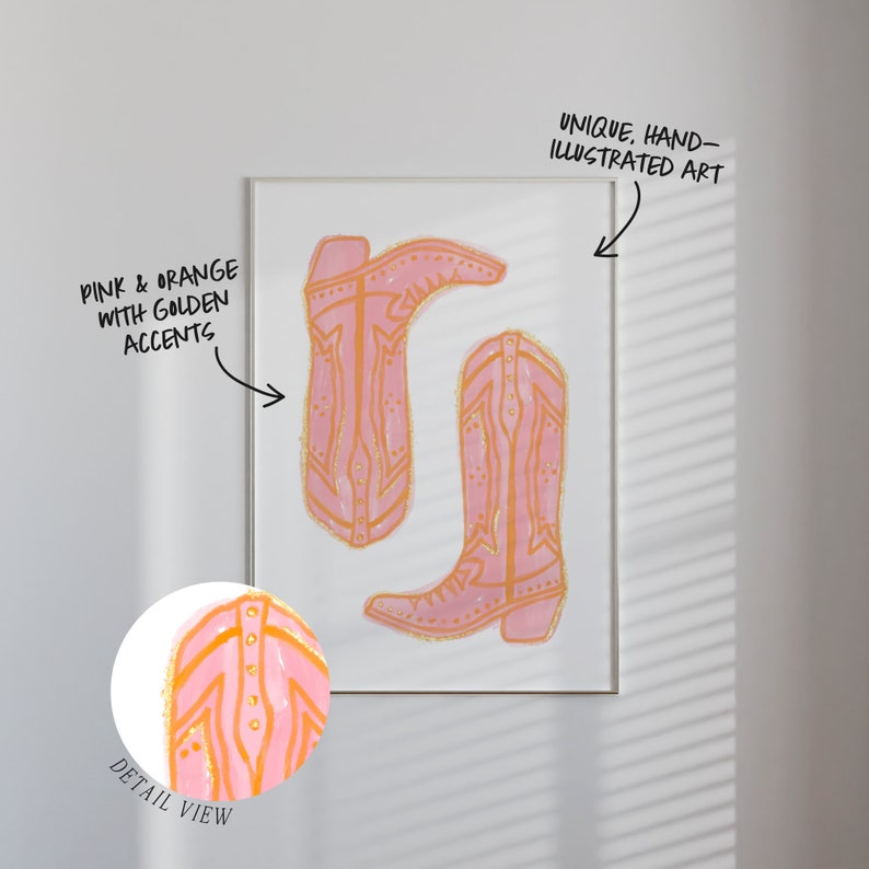 Puede incluir: Botas de vaquero pintadas a mano en rosa y naranja con detalles dorados. Las botas est&aacute;n ilustradas en un estilo &uacute;nico y est&aacute;n enmarcadas sobre un fondo blanco.