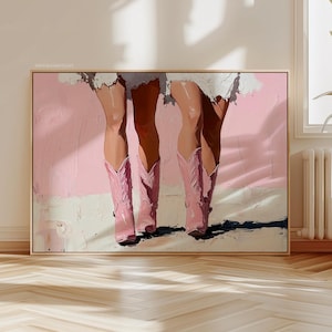 May include: A painting of a pair of legs wearing pink cowboy boots against a pink background.