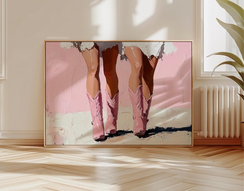 May include: A painting of a pair of legs wearing pink cowboy boots against a pink background.