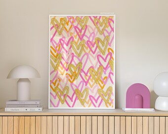 Pink Orange Wand Kunst Drucke Ästhetische Poster Girly Raum Dekor Wohnheim Drucke Herz Wand Druck Rosa Wand druckbare digitale Kunst Gold Glanz