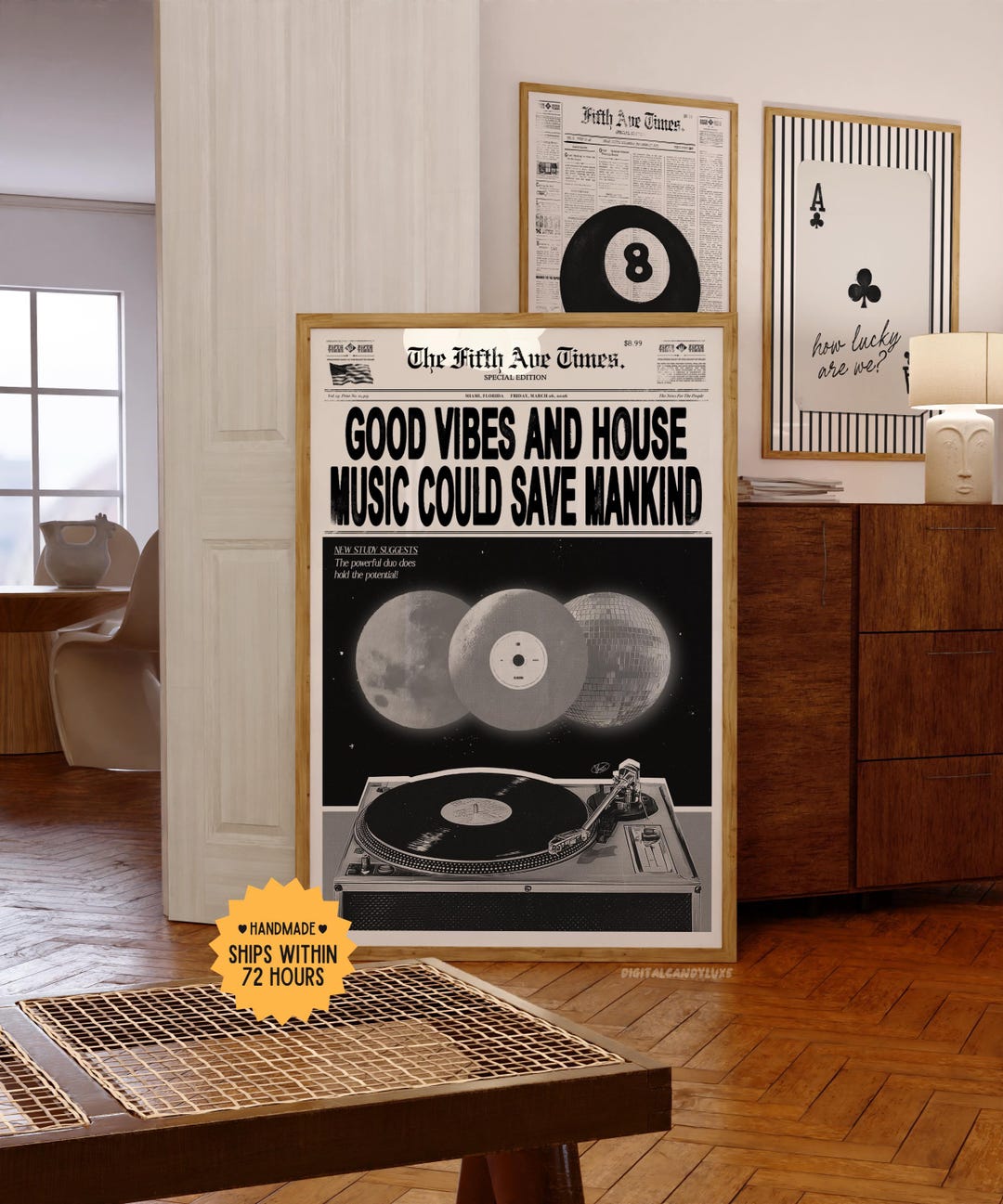 Good Vibes & House Music Half-tone Newspaper Print - Retro Wall Art ...