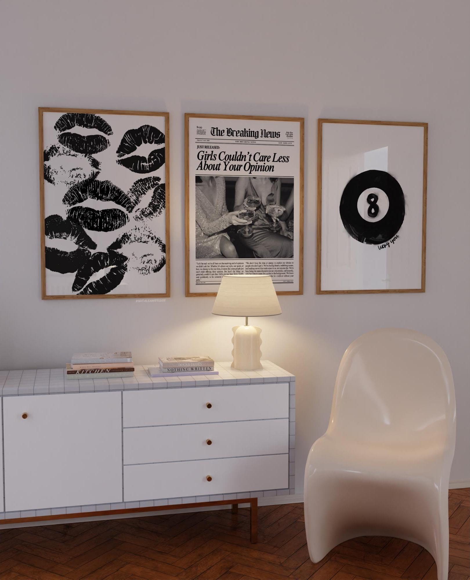 Trendy Print Set Of 3 Black And White Wall Art Prints Aesthetic Printable Art Digital Prints Girly Bedroom Decor Newspaper Poster 8 Ball Art