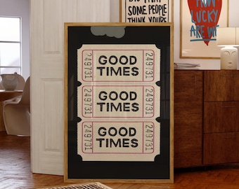 Puede incluir: Un cuadro vertical enmarcado con fondo negro que muestra tres boletos de entrada apilados de color crema. Cada boleto tiene un borde rosa, el número 249731 en los lados y el texto negro GOOD TIMES impreso en el centro.