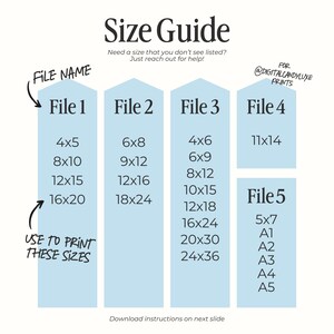 May include: A blue and white size guide for printable digital files. The guide lists different file names and the corresponding print sizes in inches. The sizes include 4x5, 8x10, 12x15, 16x20, 6x8, 9x12, 12x16, 18x24, 4x6, 6x9, 8x12, 10x15, 12x18, 16x24, 20x30, 24x36, 11x14, 5x7, A1, A2, A3, A4, and A5.