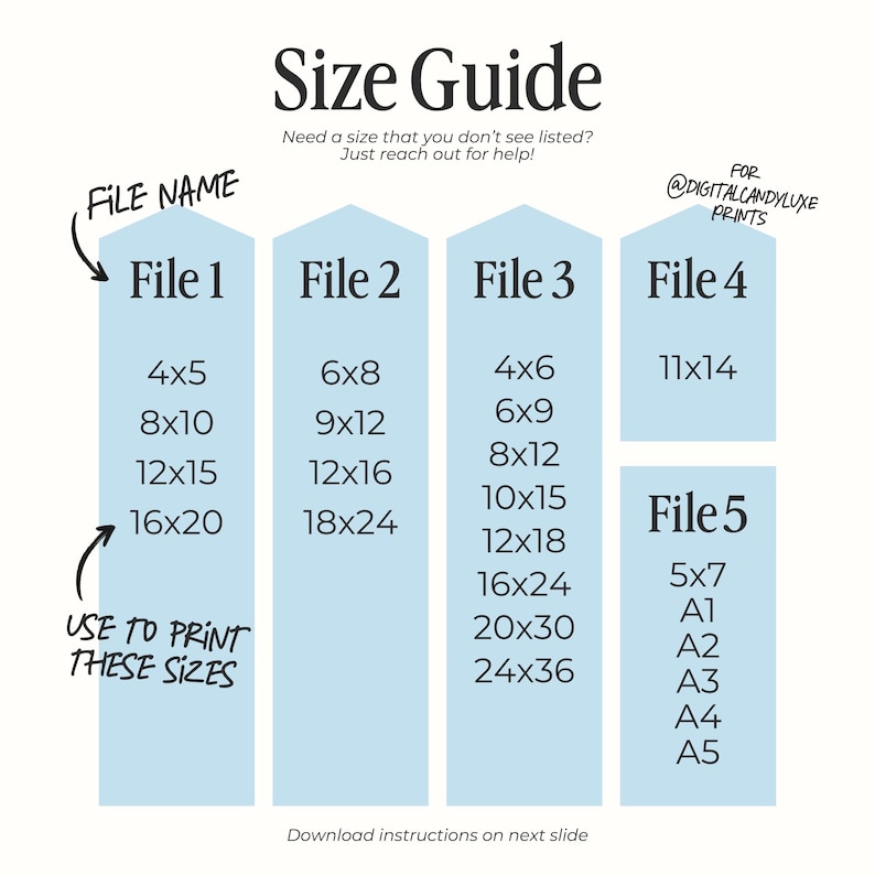 May include: A blue and white size guide for printable digital files. The guide lists different file names and the corresponding print sizes in inches. The sizes include 4x5, 8x10, 12x15, 16x20, 6x8, 9x12, 12x16, 18x24, 4x6, 6x9, 8x12, 10x15, 12x18, 16x24, 20x30, 24x36, 11x14, 5x7, A1, A2, A3, A4, and A5.