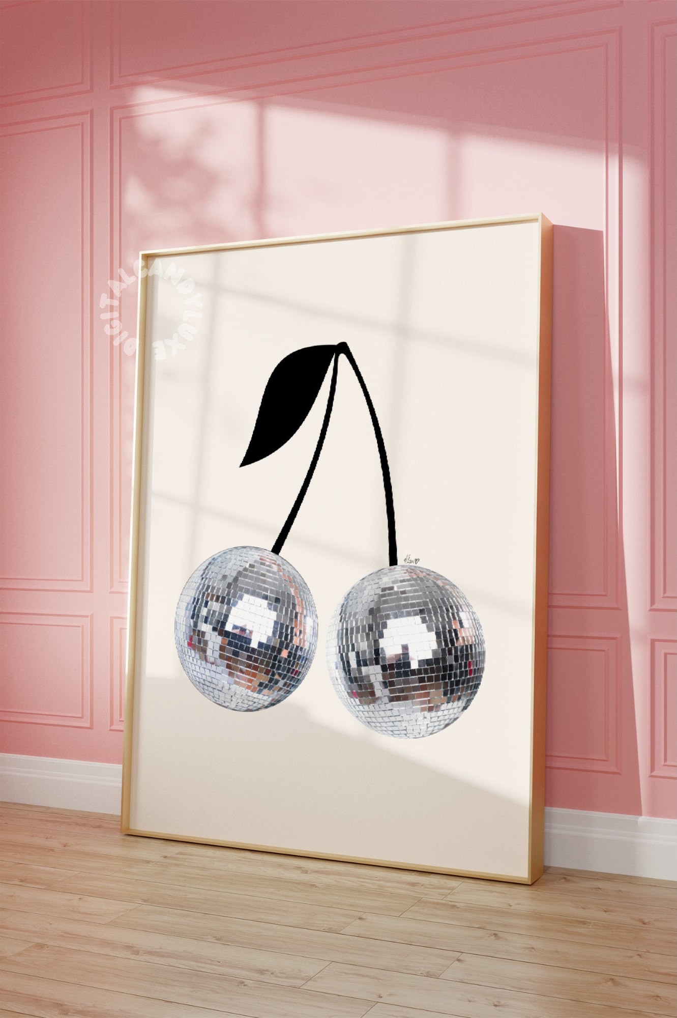 Cherry Disco Balls Print, Disco Ball Decor, Disco Ball Art, Pink Disco Balls,  Rose Gold Mirror Balls, Disco Balls Poster, Digital Download 
