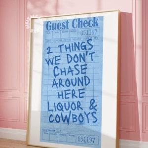 Liquor & Cowboys Guest Check Print Blue Trendy Wall Art Prints Bar Cart Decor Preppy Wall Prints Digital Art Trendy Imprimible Estética Dormitorio