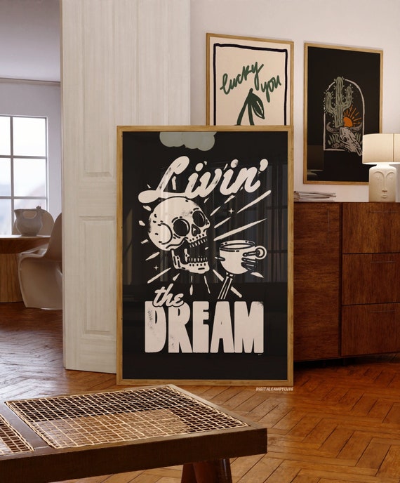 Retro Prints Black And White Wall Art Aesthetic Posters Livin The Dream Wall Decor Kitchen Print (Unframed) Skeleton Wall Art Coffee Bar