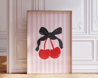Stampa con fiocco di ciliegia delicato, stampe artistiche da parete rosa, decorazioni da parete femminili, poster per camera da letto, stampe estetiche Coquette, stampe artistiche da parete retrò rosa, femminili