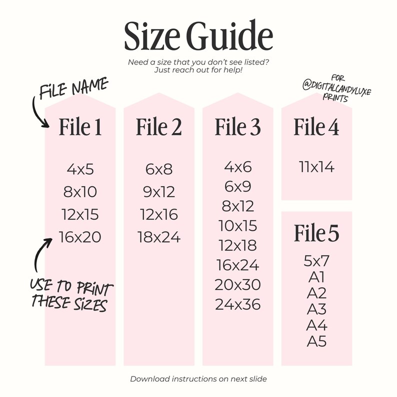 May include: A pink and white chart with the title "Size Guide" and the text "Need a size that you don't see listed? Just reach out for help!"  The chart lists different file names and the corresponding print sizes in inches.  The file names are "File 1", "File 2", "File 3", "File 4", and "File 5".  The print sizes are 4x5, 8x10, 12x15, 16x20, 6x8, 9x12, 12x16, 18x24, 4x6, 6x9, 8x12, 10x15, 12x18, 16x24, 20x30, 24x36, 11x14, 5x7, A1, A2, A3, A4, and A5.
