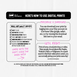 Puede incluir: Un gr&aacute;fico rosa y negro con el texto "Aqu&iacute; tienes c&oacute;mo usar las impresiones digitales." El gr&aacute;fico incluye dos secciones: "Elementos imprescindibles para el arte de pared" y "Compra y descarga." La secci&oacute;n "Elementos imprescindibles para el arte de pared" enumera las caracter&iacute;sticas de las impresiones digitales, como "F&aacute;cil de usar" e "Impresiones de alta resoluci&oacute;n." La secci&oacute;n "Compra y descarga" explica c&oacute;mo descargar e imprimir impresiones digitales.